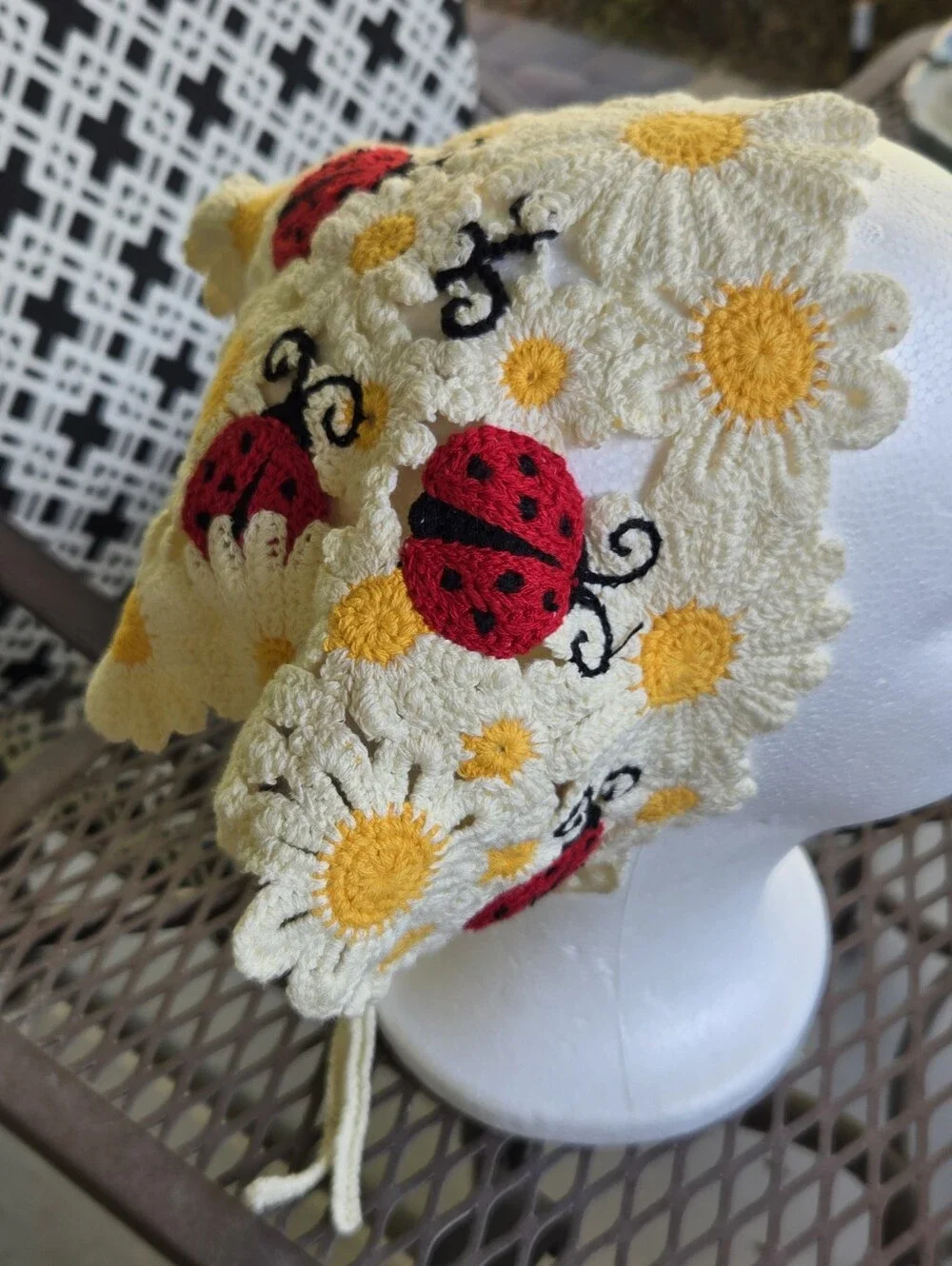 Crochet Daisy & Ladybug Headscarf - Cream and Yellow
